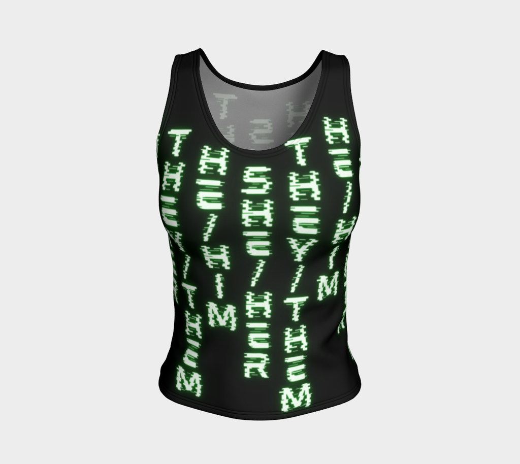 Nerdy Code Pronouns Neon Green Blacklight Reactive Fitted Tank Top