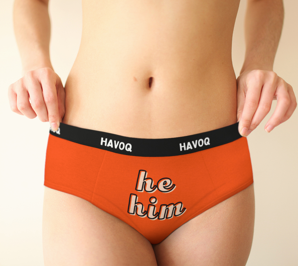 He/Him Pronouns Cute Orange Cheeky Briefs by Havoq