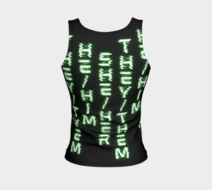 Nerdy Code Pronouns Neon Green Blacklight Reactive Fitted Tank Top