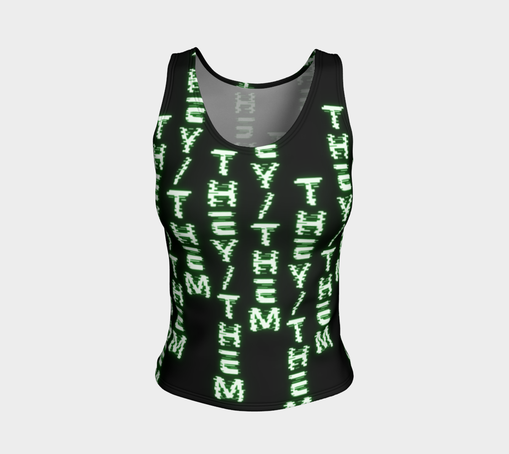 They/Them Nerdy Code Pronouns Neon Green Fitted Tank Top