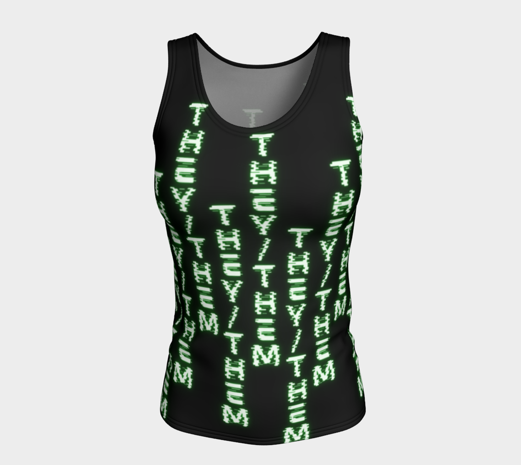 They/Them Nerdy Code Pronouns Neon Green Fitted Long Tank Top