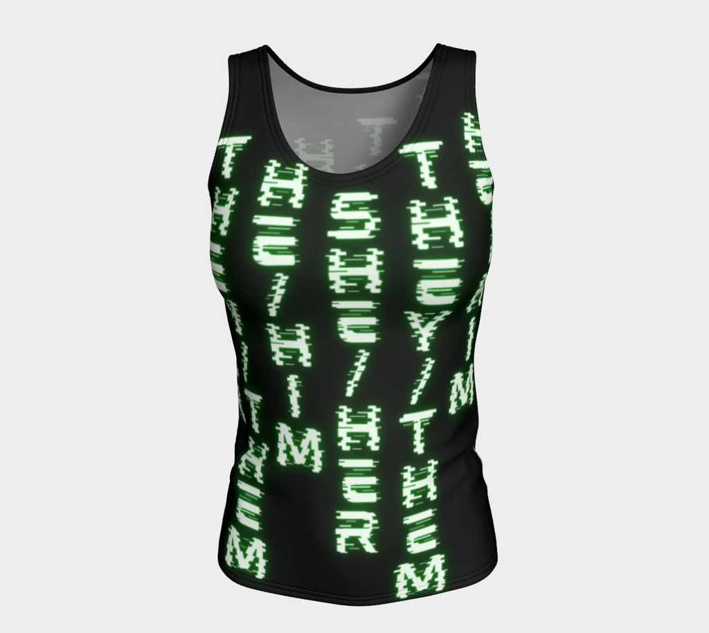 Nerdy Code Pronouns Neon Green Blacklight Reactive Fitted Long Tank Top