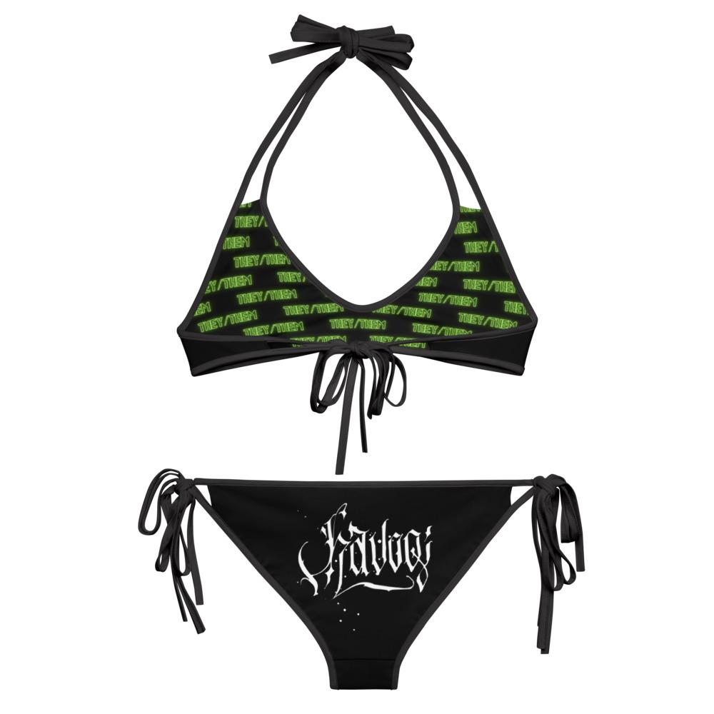 Bikini Set They/Them Pronouns Neon Green with Reversible Havoq Calligraphy