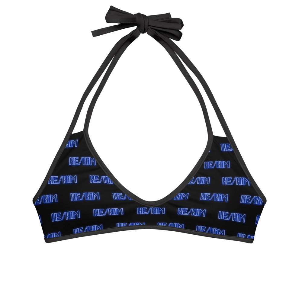 Bikini Top He/Him Pronouns Neon Blue with Reversible Havoq Calligraphy