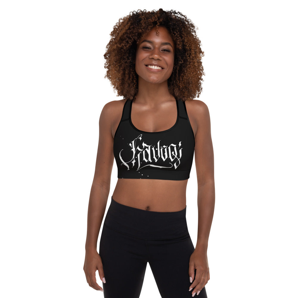 Havoq Calligraphy Padded Sports Bra in Black with White Ink