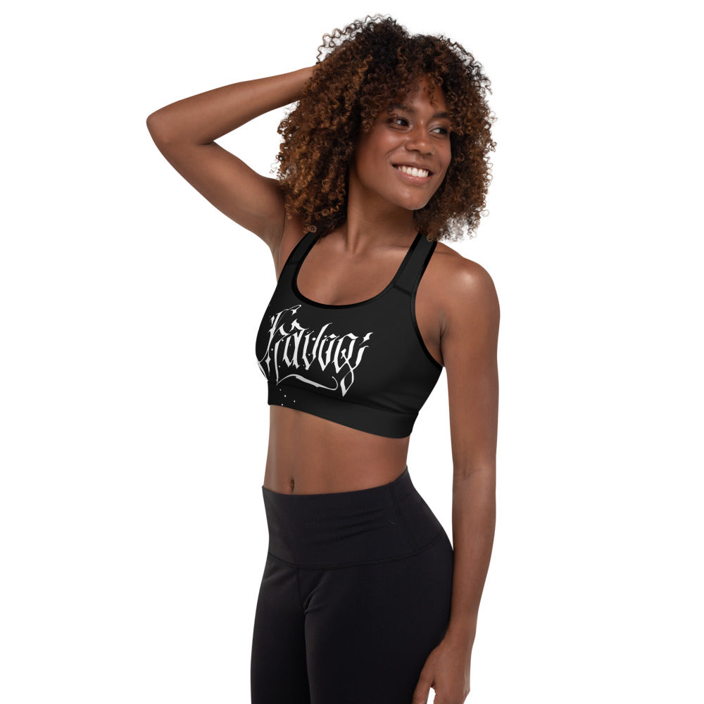 Havoq Calligraphy Padded Sports Bra in Black with White Ink