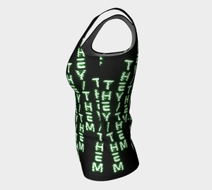 They/Them Nerdy Code Pronouns Neon Green Fitted Long Tank Top