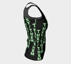 They/Them Nerdy Code Pronouns Neon Green Fitted Long Tank Top