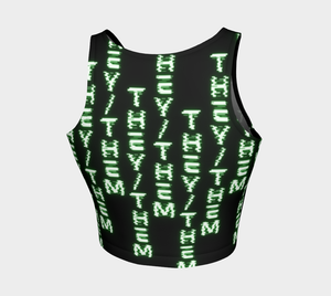 They/Them Nerdy Code Pronouns Neon Green Blacklight Reactive Athletic Crop Top