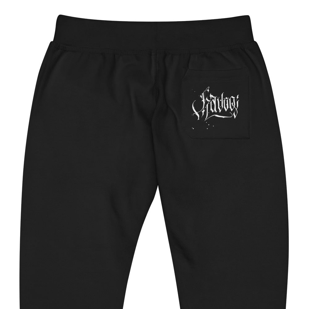 Havoq Calligraphy Fleece Joggers in black or charcoal with white ink for any gender